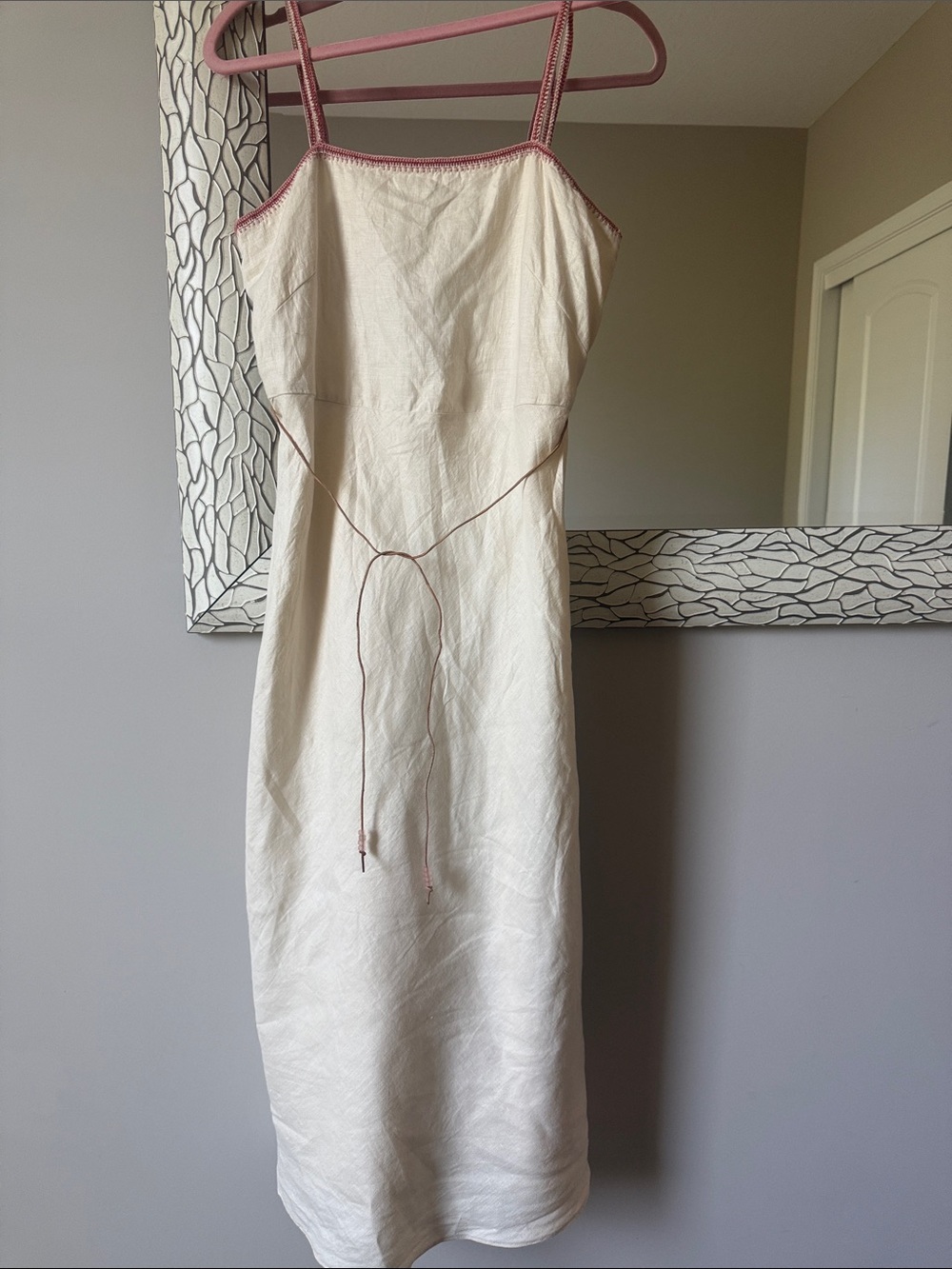 Banana Republic linen Cream Midi Slip Dress with crochet Pink Trim size 0